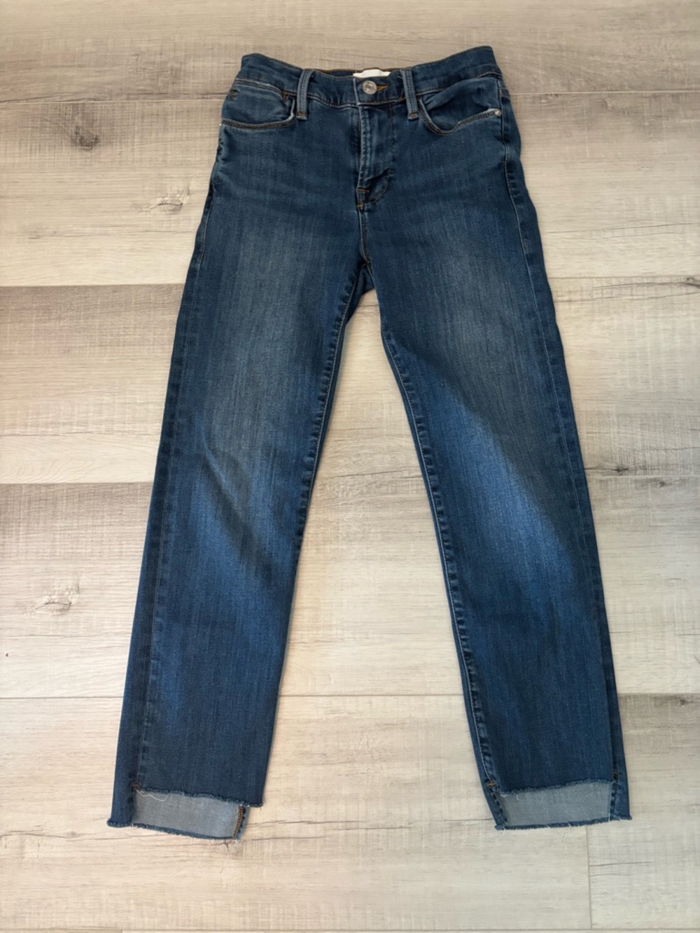 FRAME Le High Straight Jeans Womens 25 Blue Raw Hem Crop High Rise Premium Denim